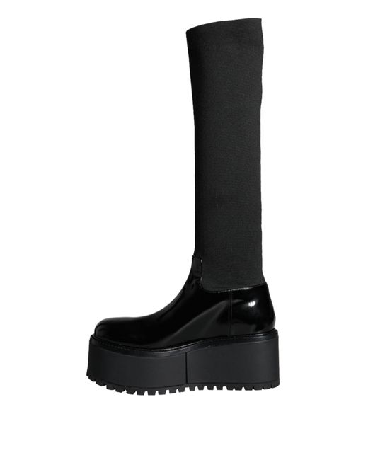 Dolce & Gabbana Black Leather Jersey Knee High Boots Shoes