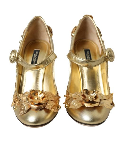 Dolce & Gabbana Metallic Leather Crystal Mary Janes Pumps Shoes