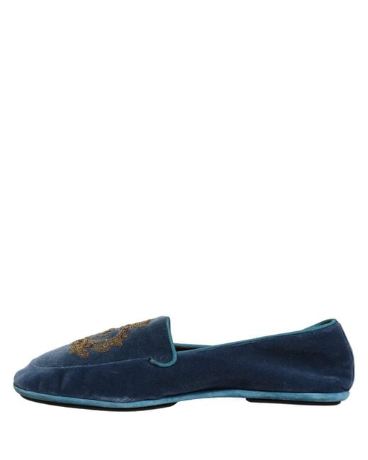 Dolce & Gabbana Blue Velvet Crown Embroidery Loafers Shoes for men