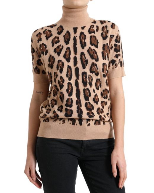Dolce & Gabbana Black Beige Leopard Print Wool Turtleneck Top