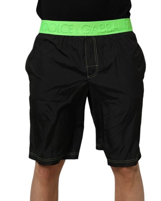 Dolce & Gabbana Black Green Logo Waistband Beachwear Short Swimwear for men