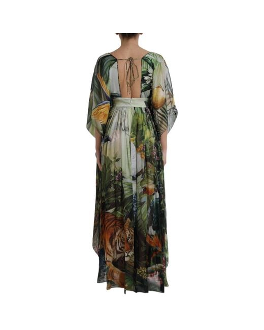 Dolce & Gabbana Green Multicolor Silk Jungle Print Maxi Dress