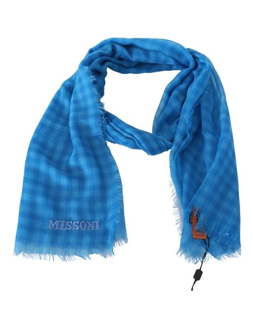 Missoni Blue Checkered Cashmere Wrap Fringes Scarf