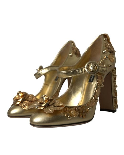 Dolce & Gabbana Metallic Leather Crystal Mary Janes Pumps Shoes