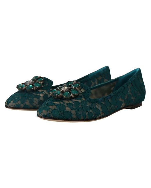 Dolce & Gabbana Green Lace Crystal Flats Loafers Shoes