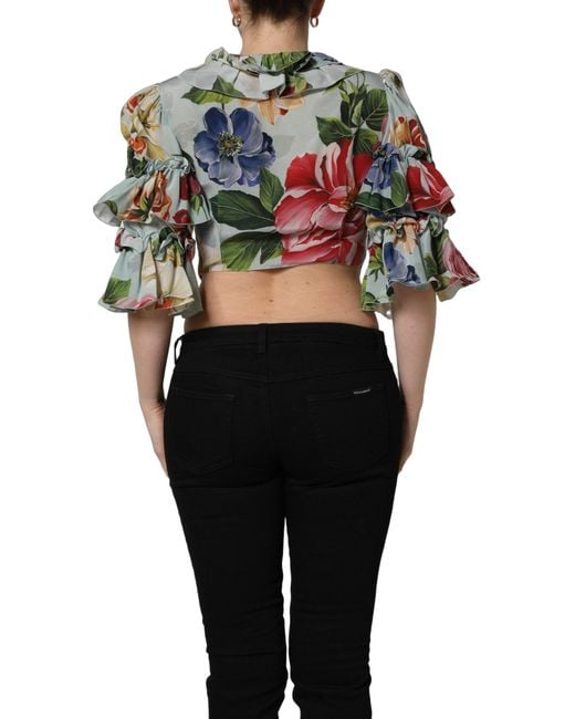 Dolce & Gabbana Black Multicolor Floral Silk Cropped Shirt Top