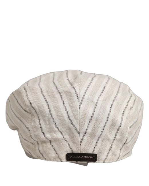 Dolce & Gabbana Gray Men Off White Striped Linen Newsboy Capello Hat for men