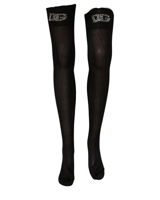 Dolce & Gabbana Black Dg Logo Rhinestones Stretch Thigh High Socks