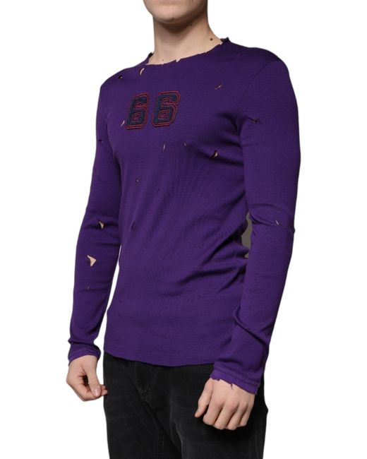 Dolce & Gabbana Purple Cotton Round Neck Pullover Sweater for men