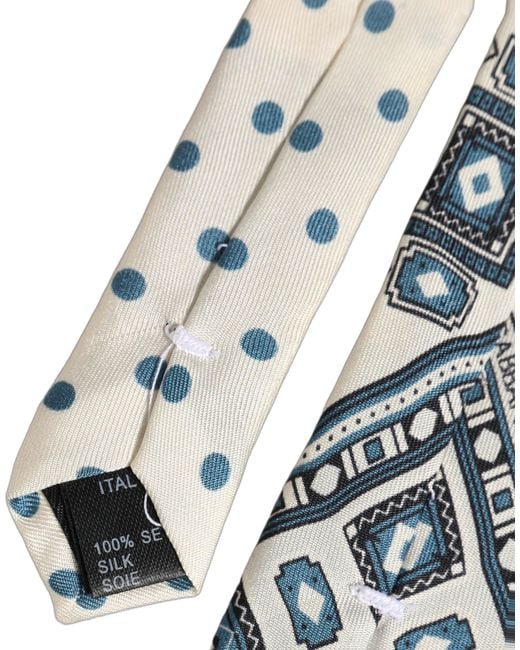 Dolce & Gabbana Men Off White Blue Geometric Adjustable Tied Necktie Tie for men