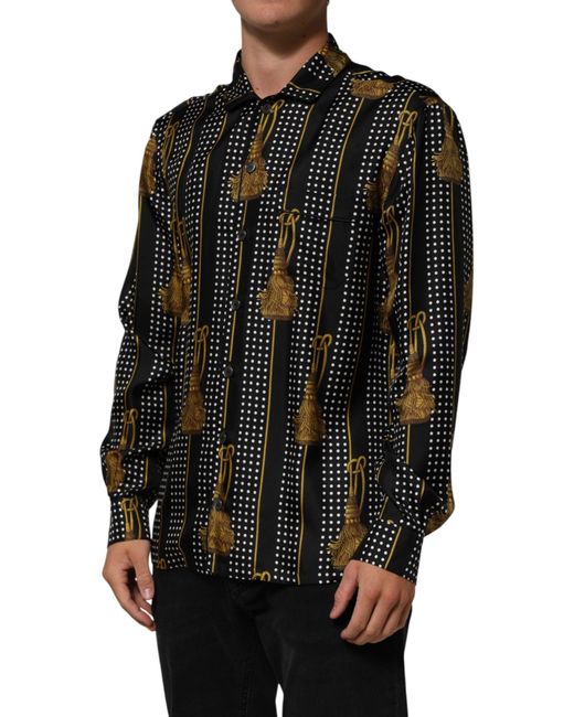 Dolce & Gabbana Black Dotted Tassel Silk Button Down Shirt for men