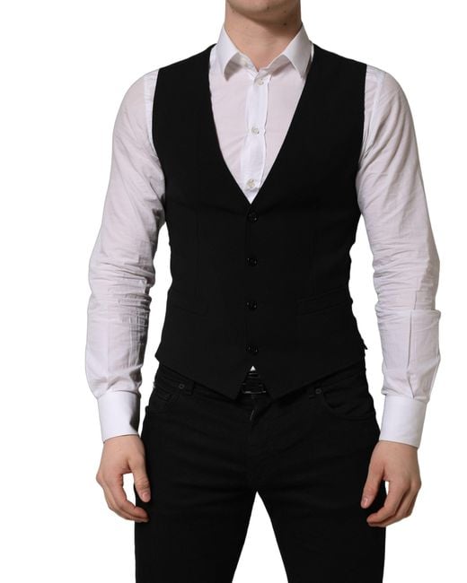 Dolce & Gabbana Black Wool Single Breasted Waistcoat Vest for men
