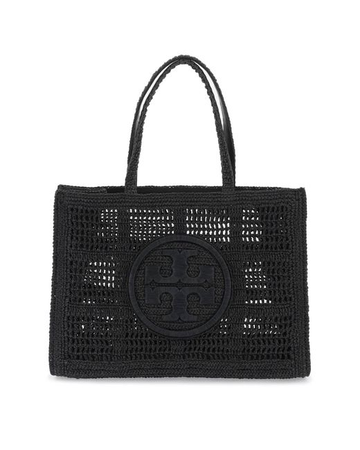 Tory Burch Black Ella Crochet Raffia Tote Bag In