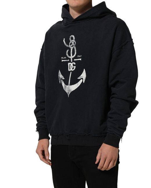 Dolce & Gabbana Black Anchor Print Hooded Sweatshirt Sweater Cotton Clothing for men