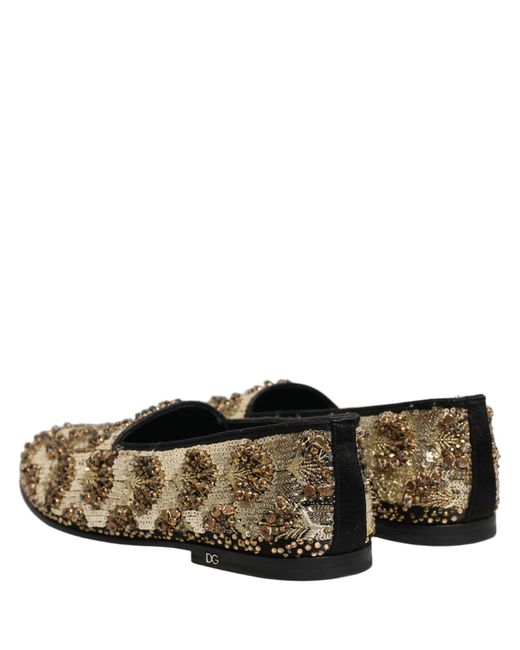 Dolce & Gabbana Gray Gold Sequin Embellished Dress Loafers Shoes for men