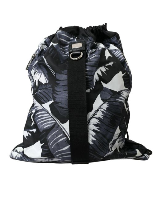 Dolce & Gabbana Black Leaf Print Adjustable Drawstring Nap Sack Bag for men