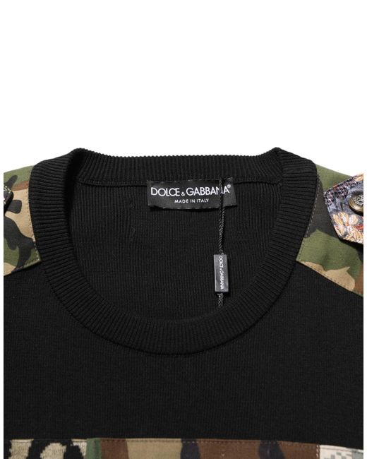 Dolce & Gabbana Black Patchwork Crew Neck Pullover Sweater for men