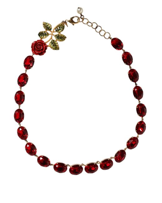 Dolce & Gabbana Gold Chain Brass Red Rose Crystal Embellished Necklace