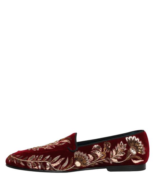 Dolce & Gabbana Red Velvet Floral Embroidery Loafers Shoes  display picture 1