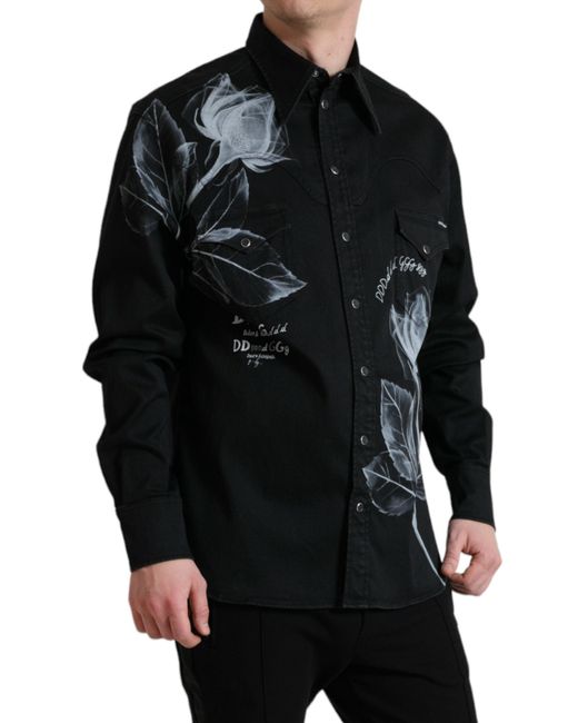 Dolce & Gabbana Black Floral Cotton Collared Dress Shirt for men