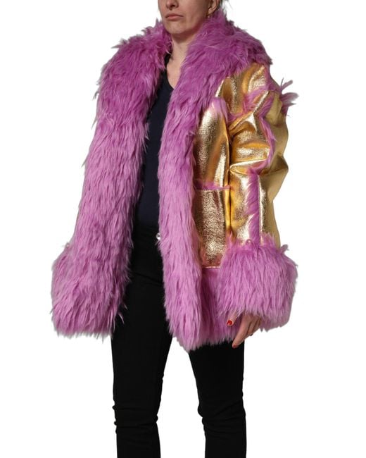 Dolce & Gabbana Purple Pink Plush Faux Fur Gold Leather Coat Jacket