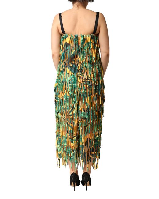 Dolce & Gabbana Green Multicolor Tropical Print Fringe Maxi Dress