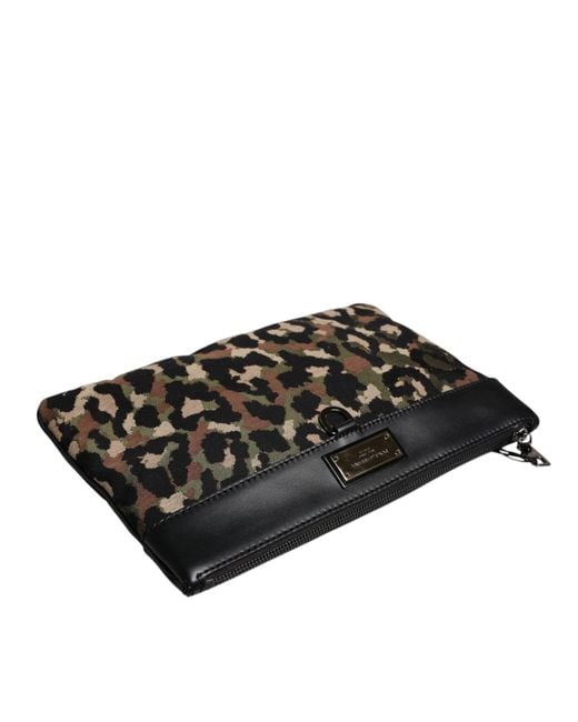 Dolce & Gabbana Black Multicolor Leopard Jacquard Print Logo Plaque Pouch Bag for men