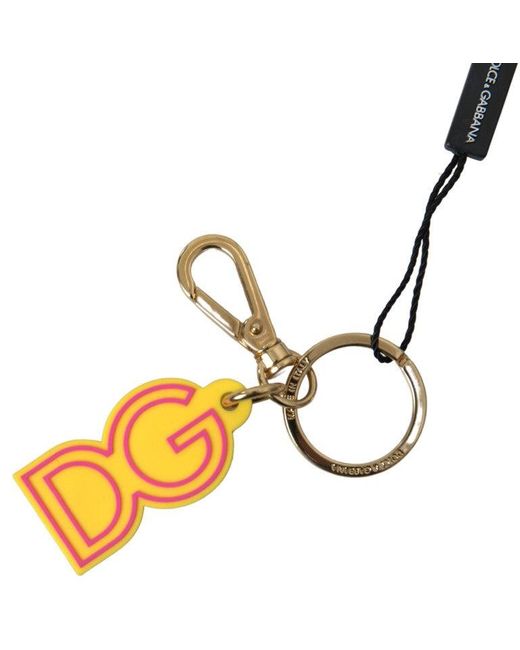 Dolce & Gabbana Metallic Yellow Rubber Dg Logo Gold Brass Metal Keyring Keychain