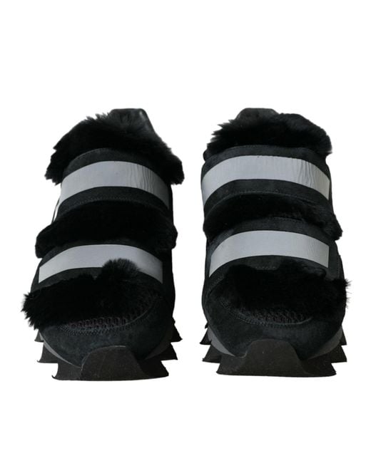 Dolce & Gabbana Black Fur Embellished Suede Sneakers Shoes for men