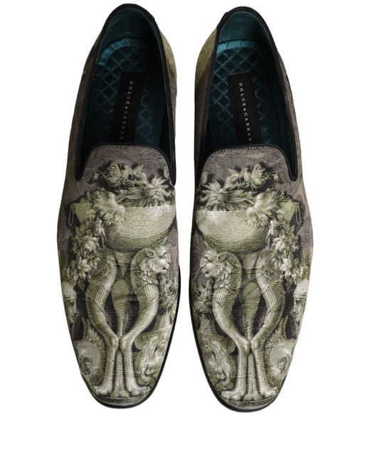 Dolce & Gabbana Gray Brown Baroque Print Slip On Loafers Shoes for men