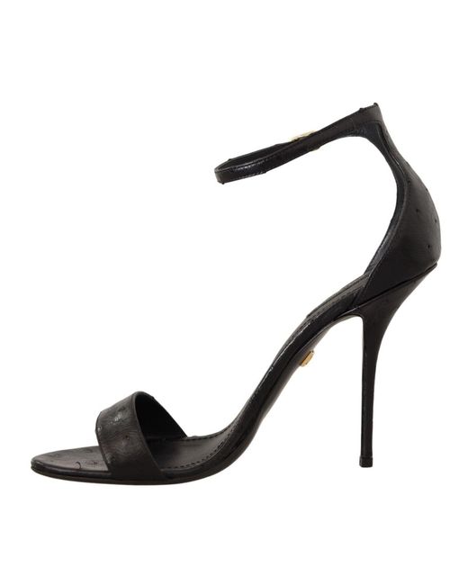 Dolce & Gabbana Black Elegant Ostrich Leather Ankle Strap Heels