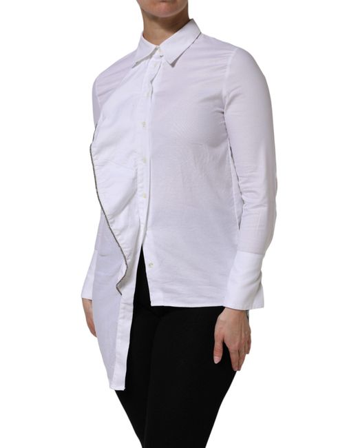 Aglini Blue White Cotton Collared Long Sleeves Ruffle Top Shirt