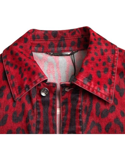 Dolce & Gabbana Red Leopard Cotton Collared Denim Jacket for men