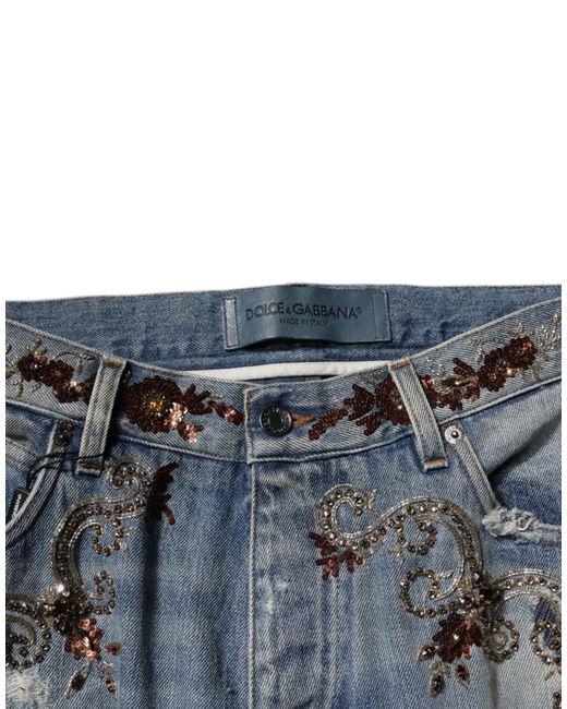 Dolce & Gabbana Blue Straight Jeans Floral Embroidery for men