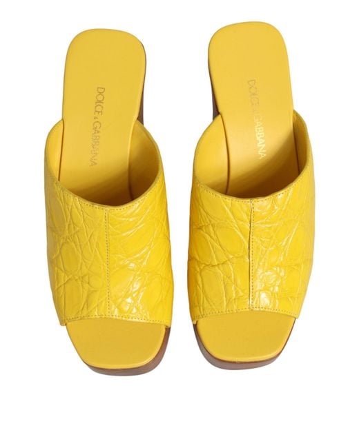 Dolce & Gabbana Yellow Leather Wood Mule Wedge Slides Shoes