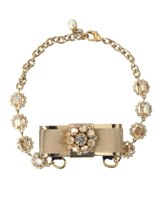 Dolce & Gabbana Metallic Brass Clear Crystal Bow Chain Choker Necklace
