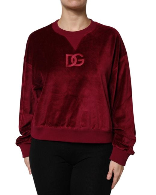 Dolce & Gabbana Red Cotton Velvet Crew Neck Pullover Sweater