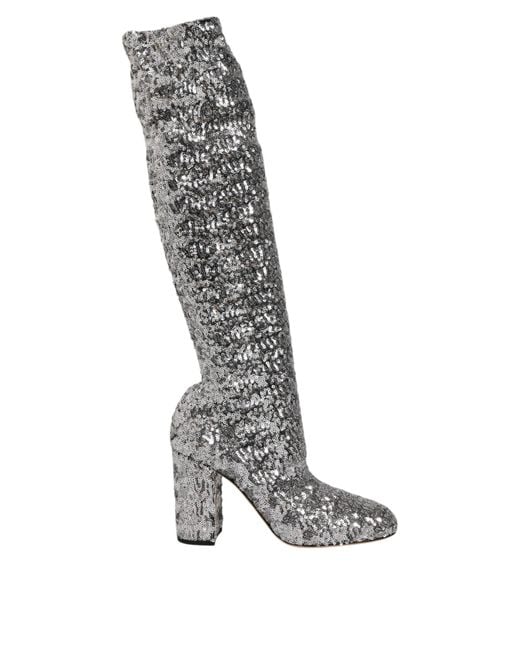 Dolce & Gabbana Gray Shoes Silver Sequins Glitter High Heel Boot Shoes