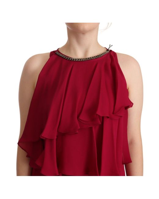 Plein Sud Red Orchid Silk Sleeveless Long Maxi Ruffle Shift Dress