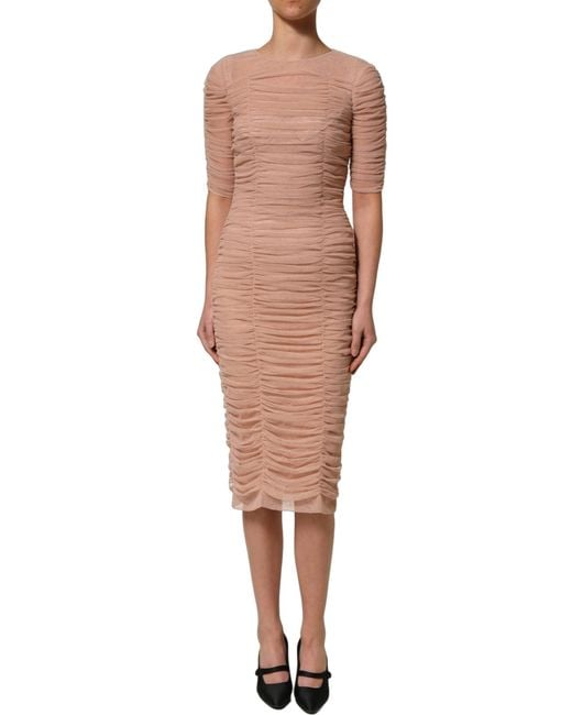 Dolce & Gabbana Natural Beige Cotton Mesh Ruched Sheath Midi Dress