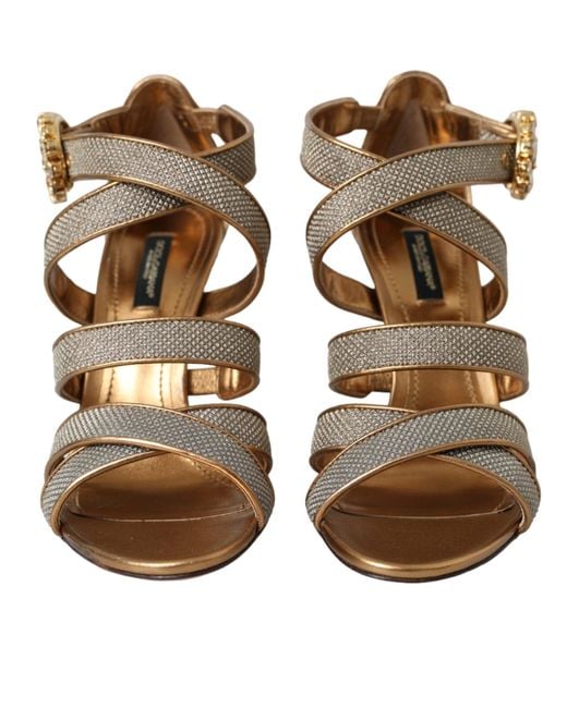 Dolce & Gabbana Metallic Bronze Crystal Strap Heels Sandals Shoes