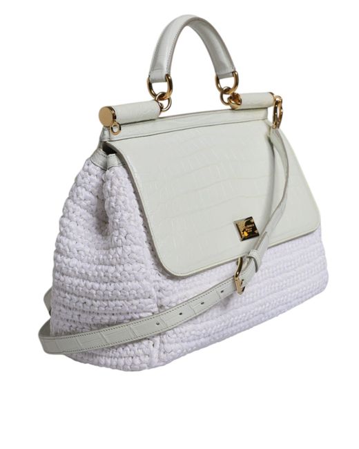Dolce & Gabbana Gray White Rafia Leather Top Handle Crossbody Bag