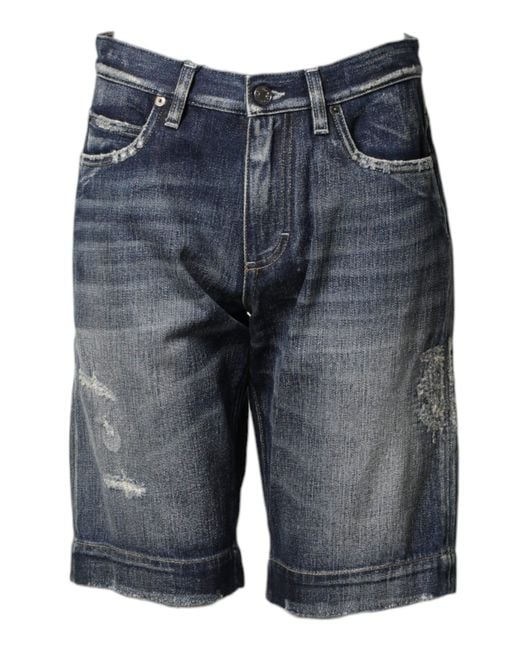 Dolce & Gabbana Gray Blue Cotton Distressed Denim Bermuda Shorts for men