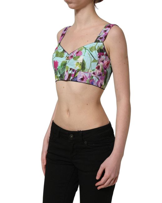 Dolce & Gabbana Green Floral Cropped Bustier Tank Top Elastane Nylon Cotton