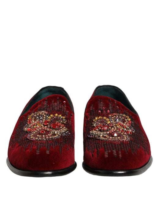 Dolce & Gabbana Red Maroon Sequin Gemstone Dress Loafers Shoes for men