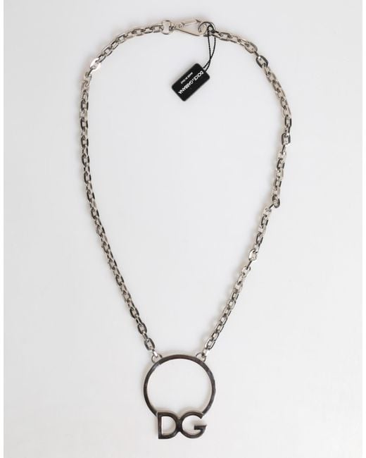 Dolce & Gabbana White Tone Brass Chain Dg Logo Pendant Necklace for men