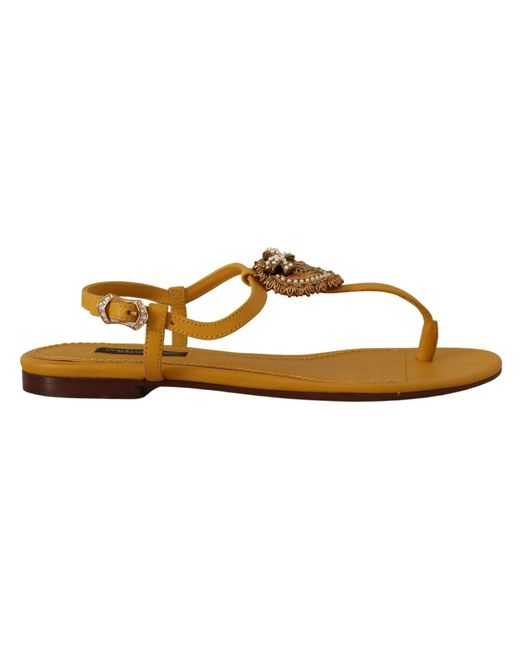 Dolce & Gabbana Black Mustard T-Strap Flat Sandals With Heart Embellishment