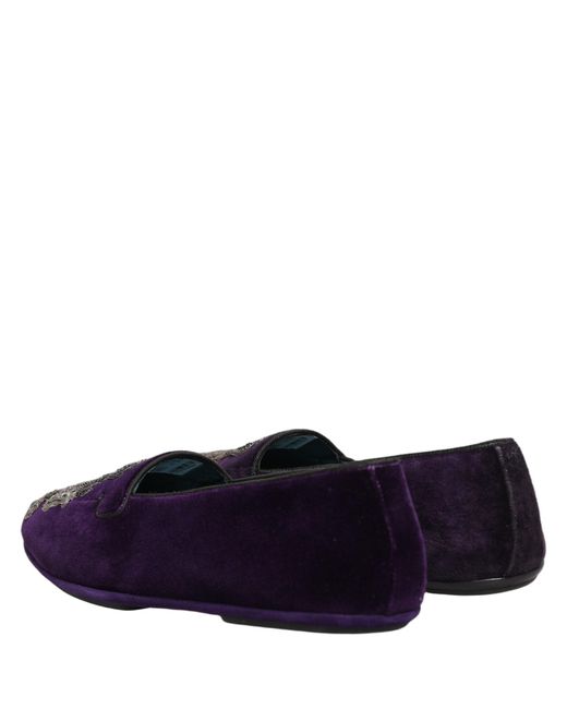Dolce & Gabbana Blue Purple Velvet Crown Embroidery Loafers Shoes for men
