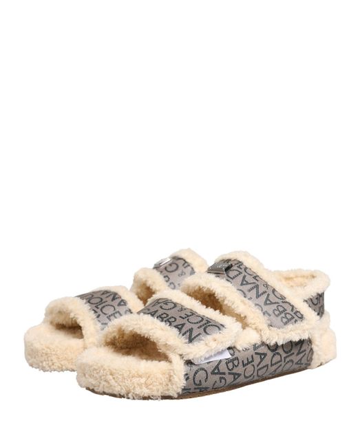 Dolce & Gabbana Natural Beige Faux Fur Logo Print Flats Sandals Shoes for men