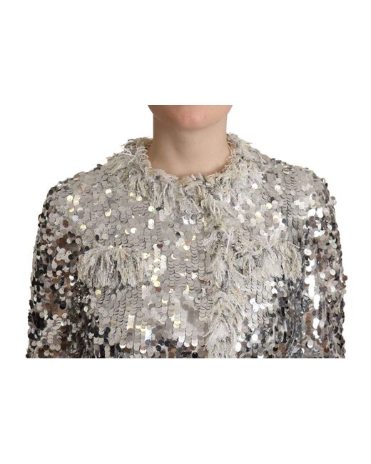 Dolce & Gabbana Gray Silver Sequined Shearling Long Sleeves Jacket Nylon
